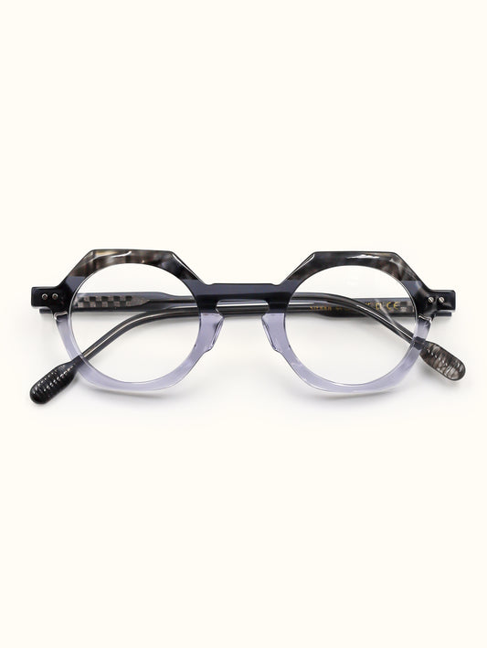 Round eyeglasses with a black frame on a white background