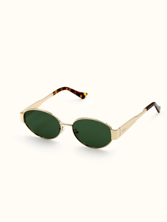 Sunglasses with gold frame and green lenses on a white background