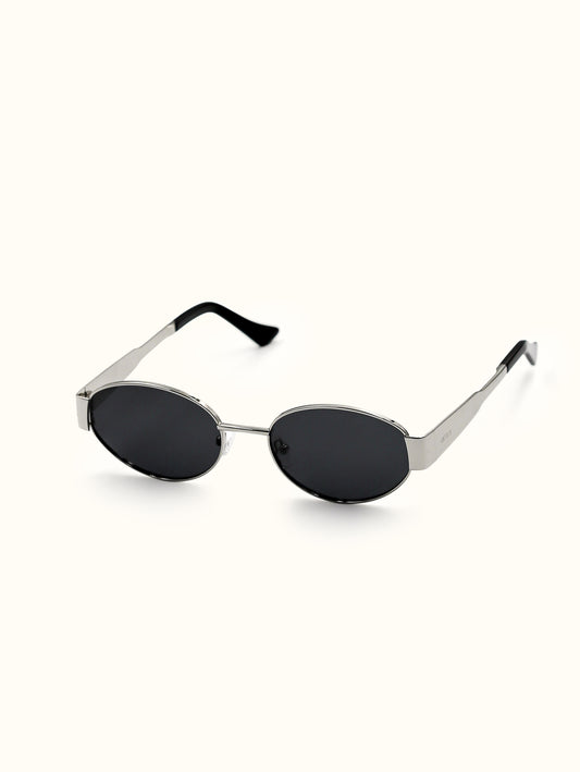 Silver-framed sunglasses with black lenses on a white background