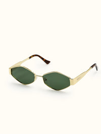 Thumbnail for Gold-framed sunglasses with green lenses on a white background