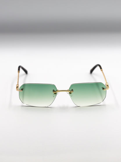 Sunglasses with gold frame and green gradient lenses on a light gray background