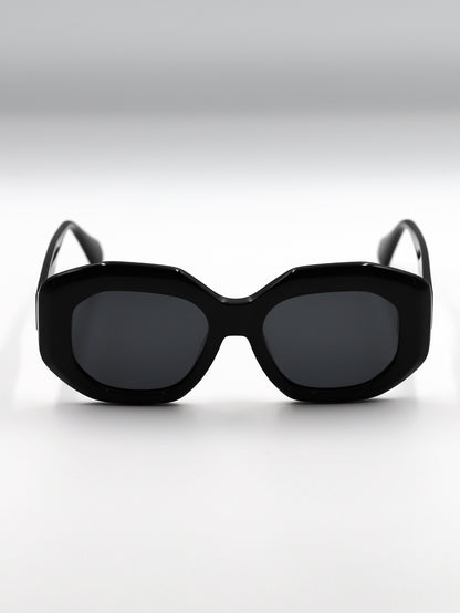 Black sunglasses with a cat-eye design on a white background