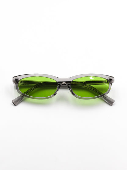 Sunglasses with green lenses and gray frames on a white background