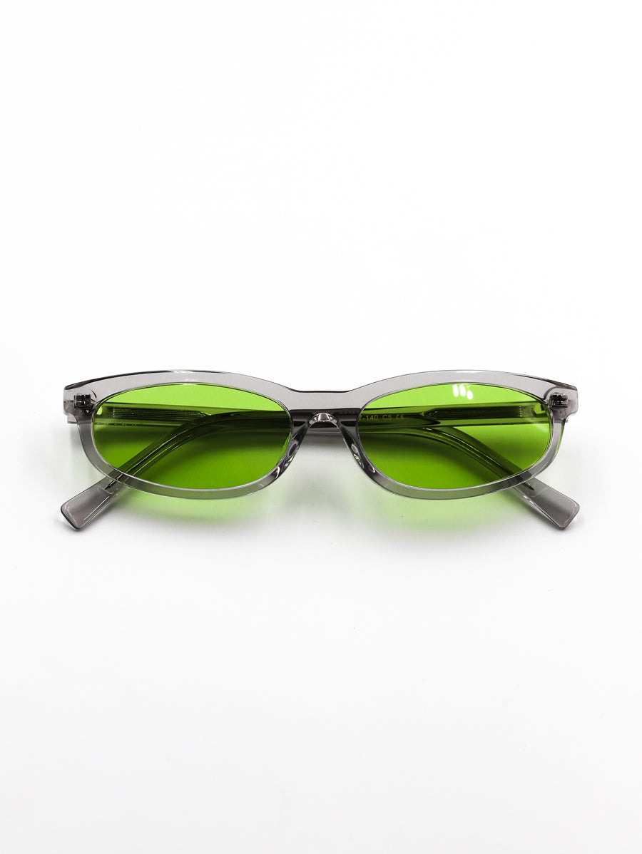 Sunglasses with green lenses and gray frames on a white background