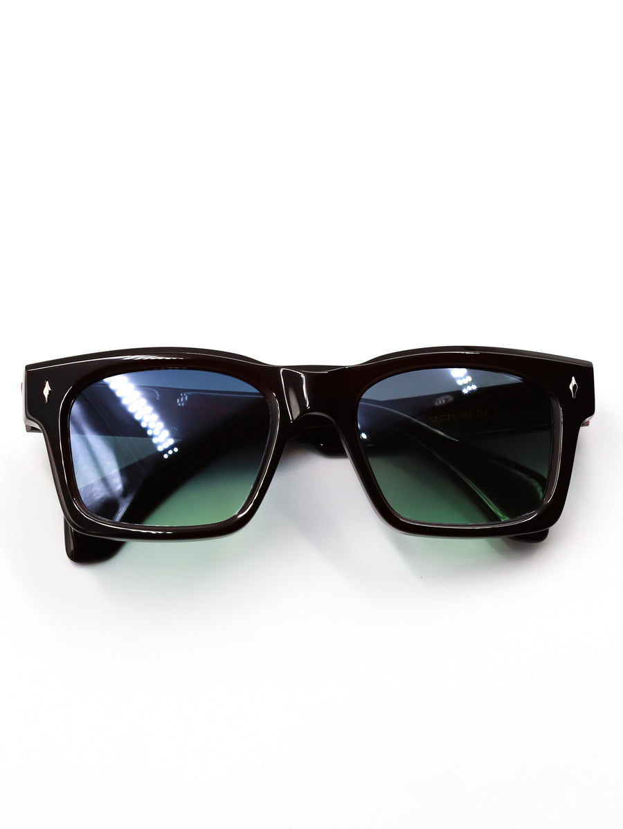 Black sunglasses with reflective lenses on a white background