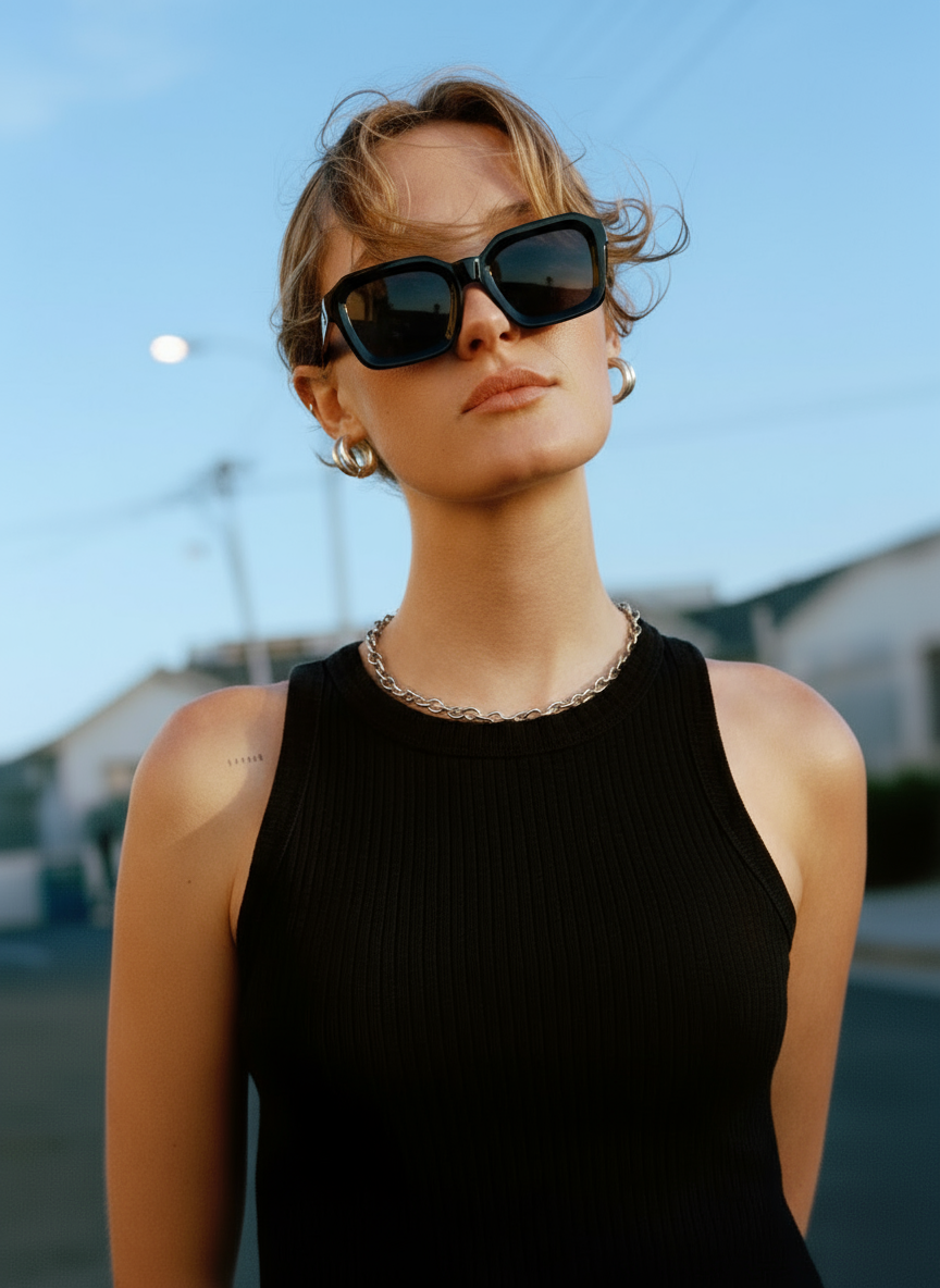 Woman wearing sunglasses and a black outfit against a blurred outdoor background