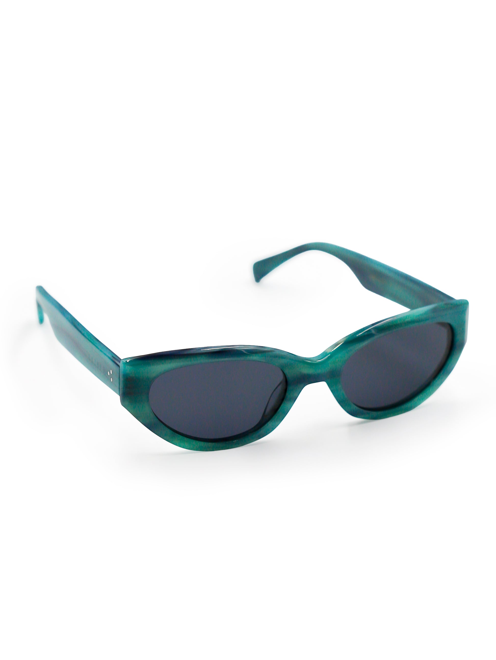Teal sunglasses with dark lenses on a white background