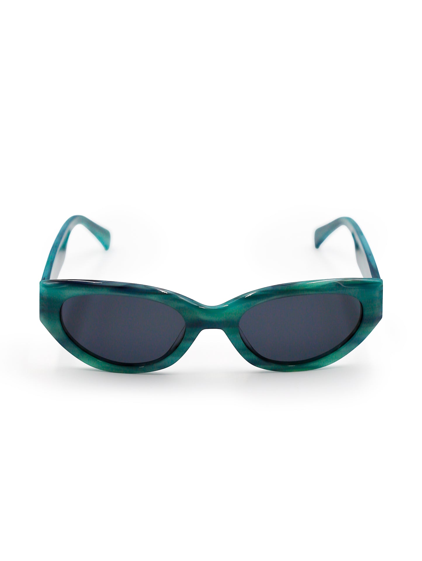 Green sunglasses with dark lenses on a white background
