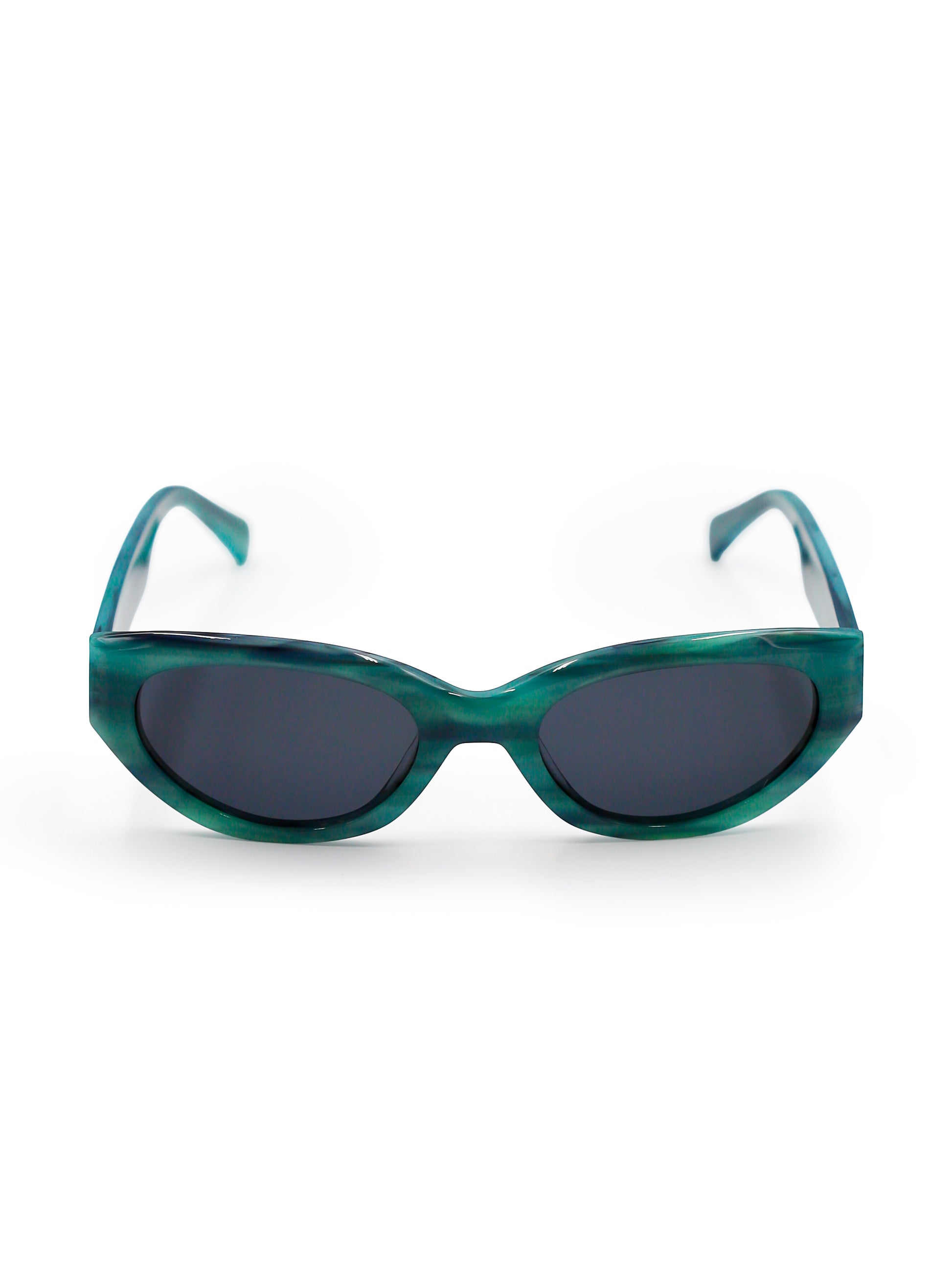 Green sunglasses with dark lenses on a white background