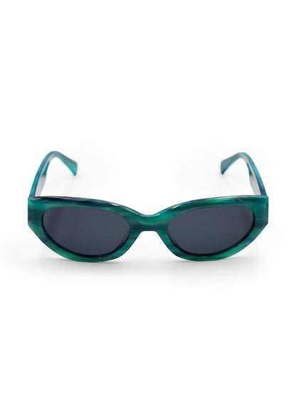 Green sunglasses with dark lenses on a white background