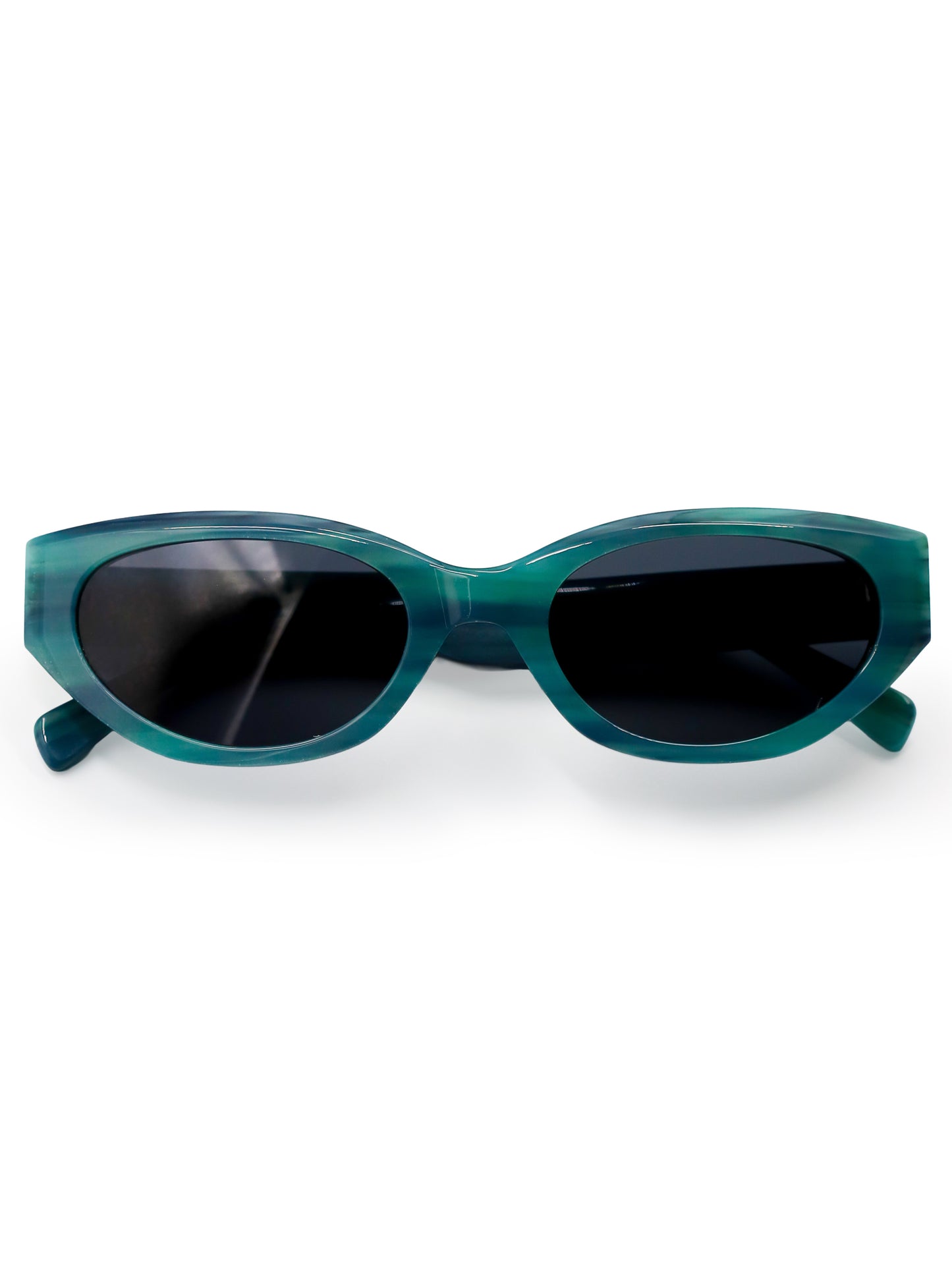 Teal sunglasses with black lenses on a white background