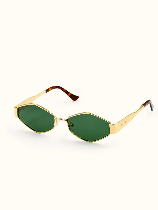 Gold-framed sunglasses with green lenses on a white background
