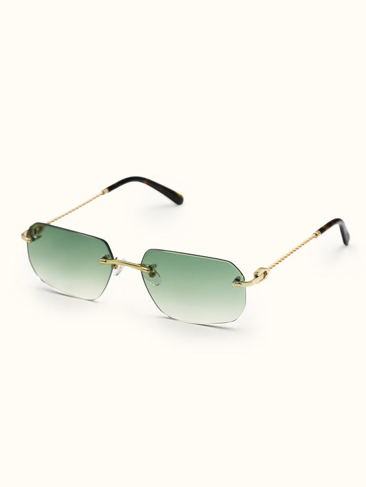 Sunglasses with gold frame and green gradient lenses on a white background